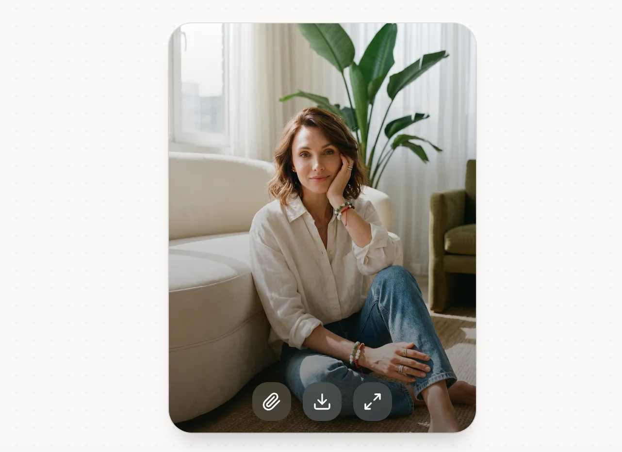 Кнопка «Прикрепить» появляется при наведении на карточку фото в студии Photoroom